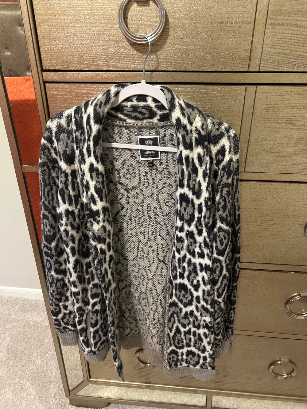 Juicy Couture Vintage Black & Cream Leopard Open-Front Cardigan
